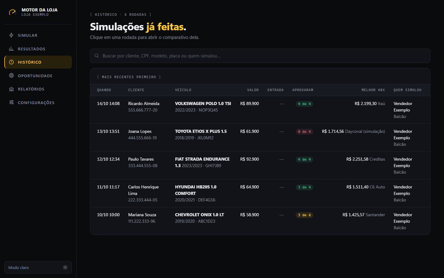 Tela real do histórico de simulações, com dados de exemplo